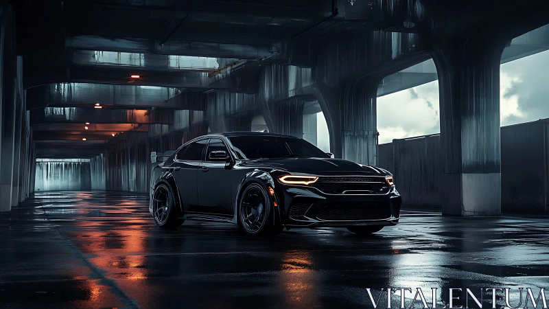 Midnight muscle car waiting in a rain slicked city garage.