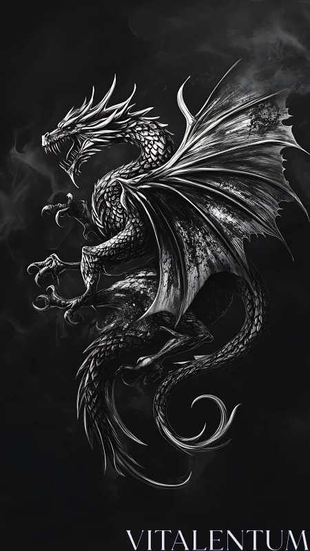Monochrome winged dragon rendered in high contrast detail.