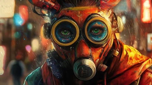 Cyberpunk masked figure with neon goggles in rainy night.