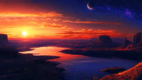 Twin-sky desert sunset over mirrored river basin panorama.