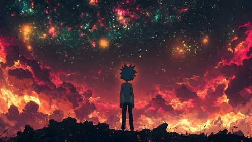 Solitary stargazer watches a burning cosmos unfold above.