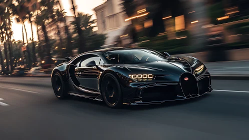 Black hypercar races through palm-lined city boulevard.