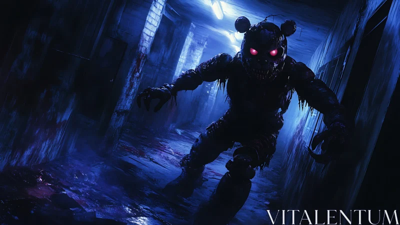 Terrifying animatronic monster stalking a dark hallway.