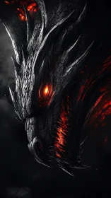 Molten-eyed dragon gazes through darkness with fiery power