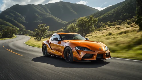 Sunlit orange coupe carving curves through emerald hills.