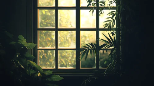 Backlit window grid filters warm foliage glow through condensation