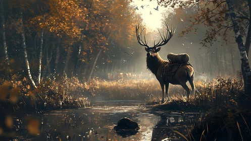 Pack stag stands alert beside autumn forest stream at dawn