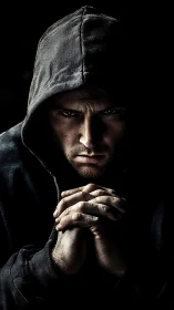 Intense hooded man glares from darkness in dramatic shadow