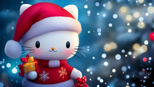 Cute cartoon cat in Santa outfit holding Christmas gifts.