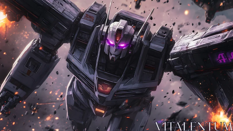 Large armored mecha moves forward through airborne debris field