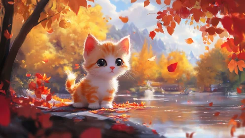Luminous Autumn Kitten in Ethereal Landscape with Cascading Foliage