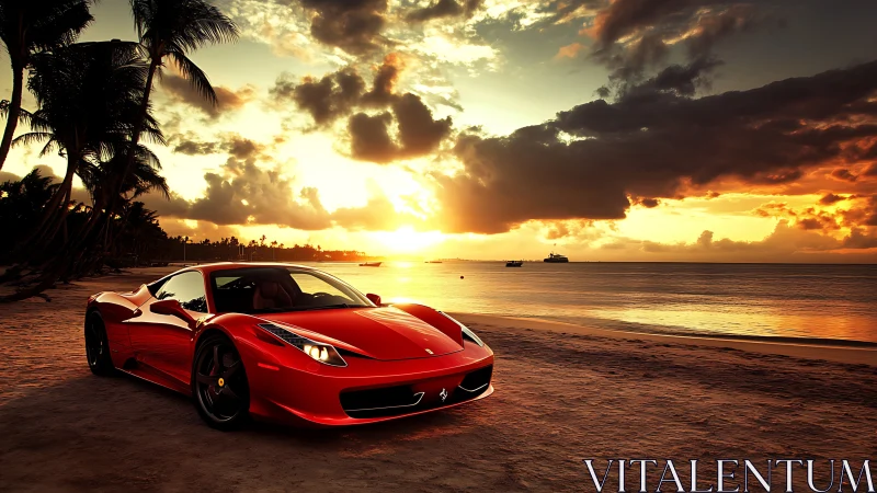 Red supercar on tropical beach under dramatic sunset sky.