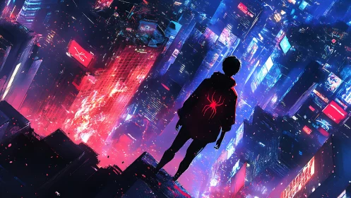 Neon-clad vigilante overlooks glitching cyberpunk skyline.