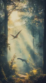 Jurassic forest vista with pterosaurs in volumetric sunlight.