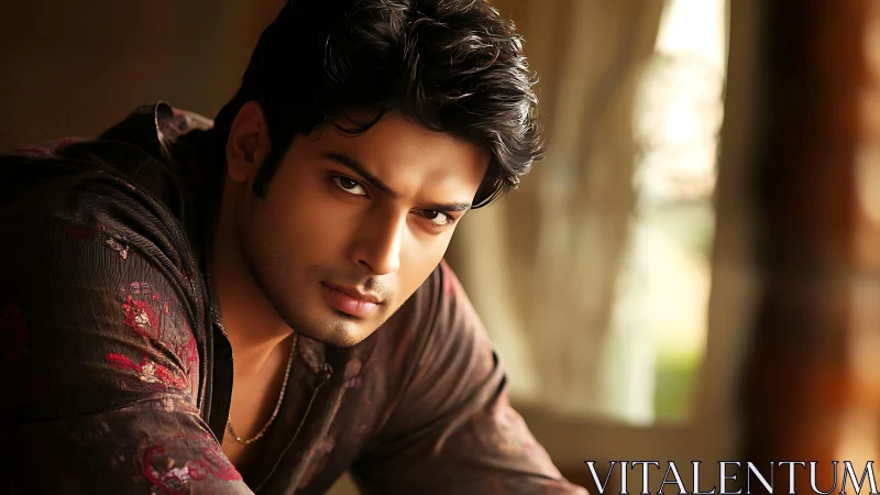 Photorealistic male portrait with warm shallow-focus lighting.