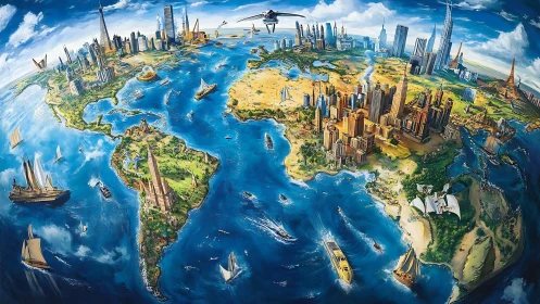 Panoramic stylized world map with global coastal megacities.