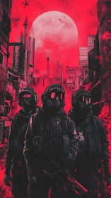 Three tactical figures stand in red urban environment