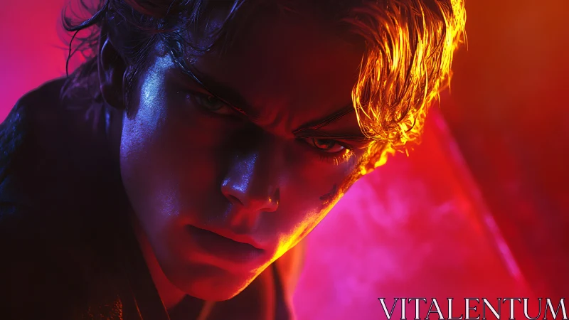 Intense cyberpunk portrait under neon orange magenta light.