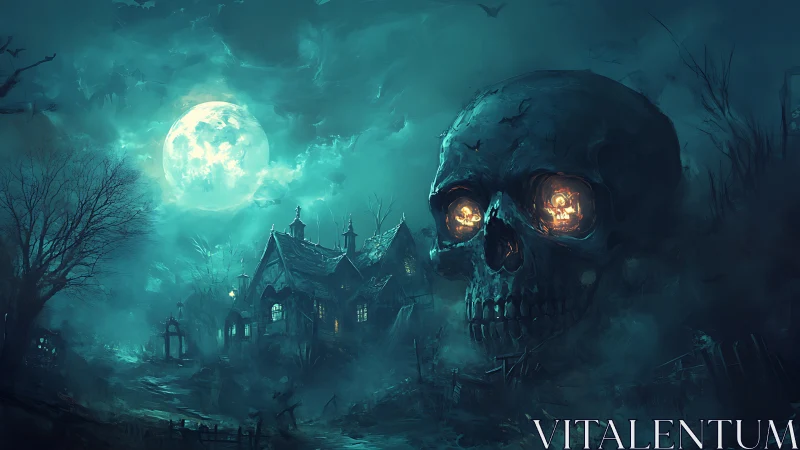 Moonlit skull horizon haunts a crumbling gothic manor night.