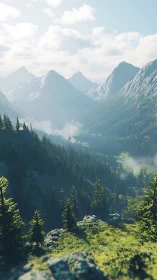 Photoreal alpine valley with atmospheric depth cues and light gradients.