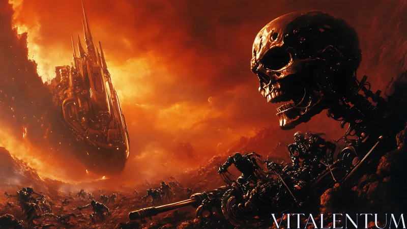 Colossal metal skull dominates burning robotic battlefield