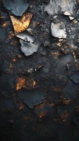 Warm ember glow beneath charred, peeling textures of night.