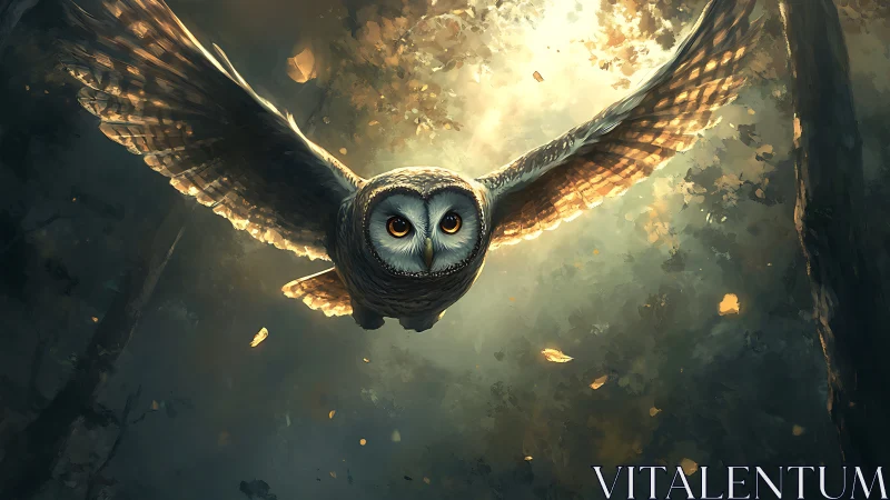 Majestic owl soaring through a sunlit forest in digital art style.
