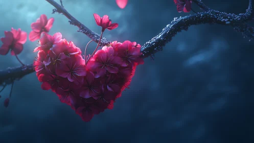 Pink flowering cluster blooms on weathered branch against cool blue