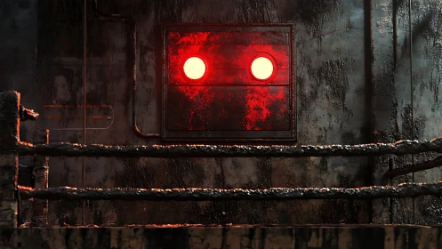 Rusty industrial wall holds glowing red circular eyes