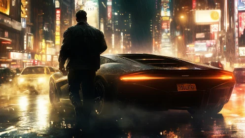 Man stands by sports car in rainy neon city street at night