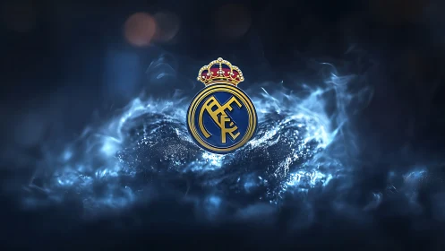 Golden crowned football crest rises from swirling blue light