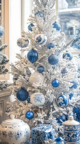 White artificial tree with blue and white porcelain ornaments.