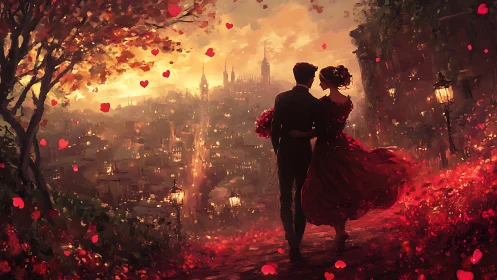 Romantic couple silhouette overlooking golden city sunset