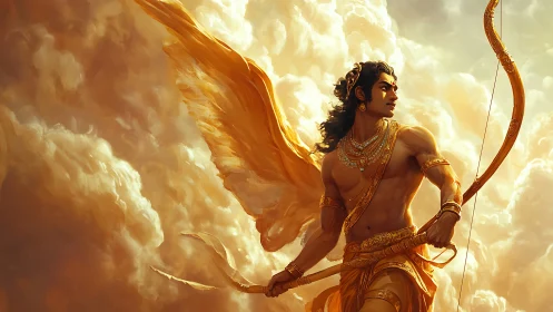 Winged golden archer amid luminous cumulonimbus cloudscape