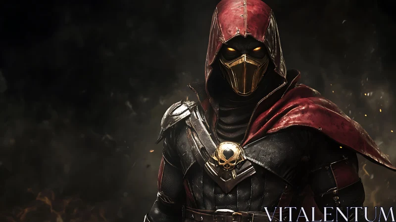 Hooded armored assassin with skull emblem rendered in high detail