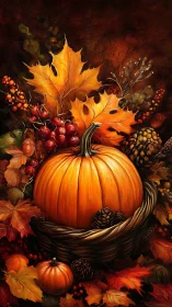 Harvest pumpkin throne amid swirling autumn firelight leaves.