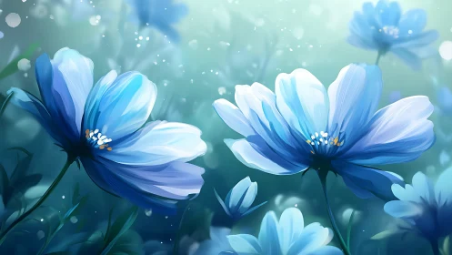 Blue Cosmos Flowers with Bokeh Light Particles.