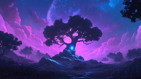 Luminous cosmic tree under nebular sky with bioluminescent core.