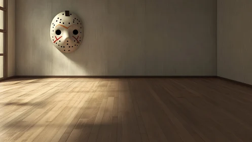 Hockey mask mounted on wall in empty sunlit wooden room