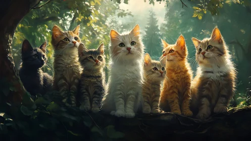 Luminescent feline ensemble within verdant forest canopy environment.