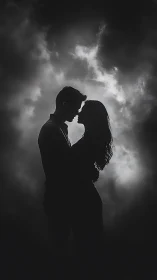 Silhouetted couple embrace against dramatic stormy sky