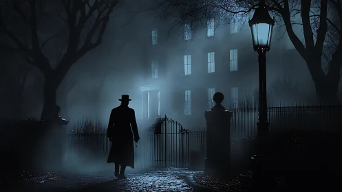 Midnight visitor pauses beneath a lone lamplit mansion gate