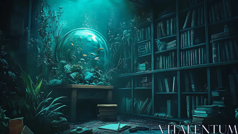 Submerged library interior contains central spherical aquarium