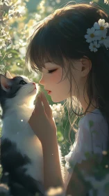 Backlit anime girl and cat in shallow-depth floral environment