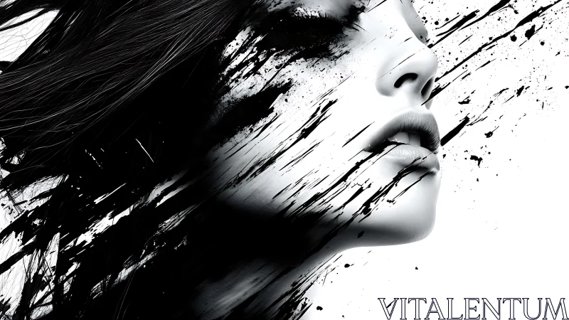 Monochrome female portrait dissolves into ink strokes.