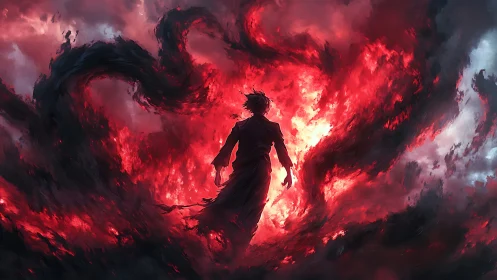 Backlit lone figure amid swirling crimson infernal storm