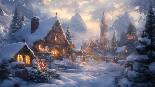 Snow-covered alpine village with festive cottages at dusk