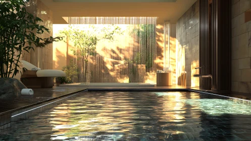 Luxury spa pool with cascading light and bamboo accents.