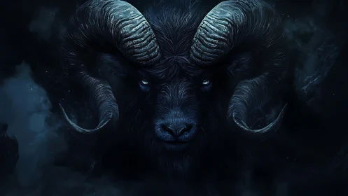 Mythic horned beast emerges from shadowed cosmic void.