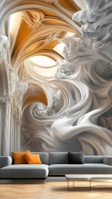 Modern living room with ornate surreal architectural mural.